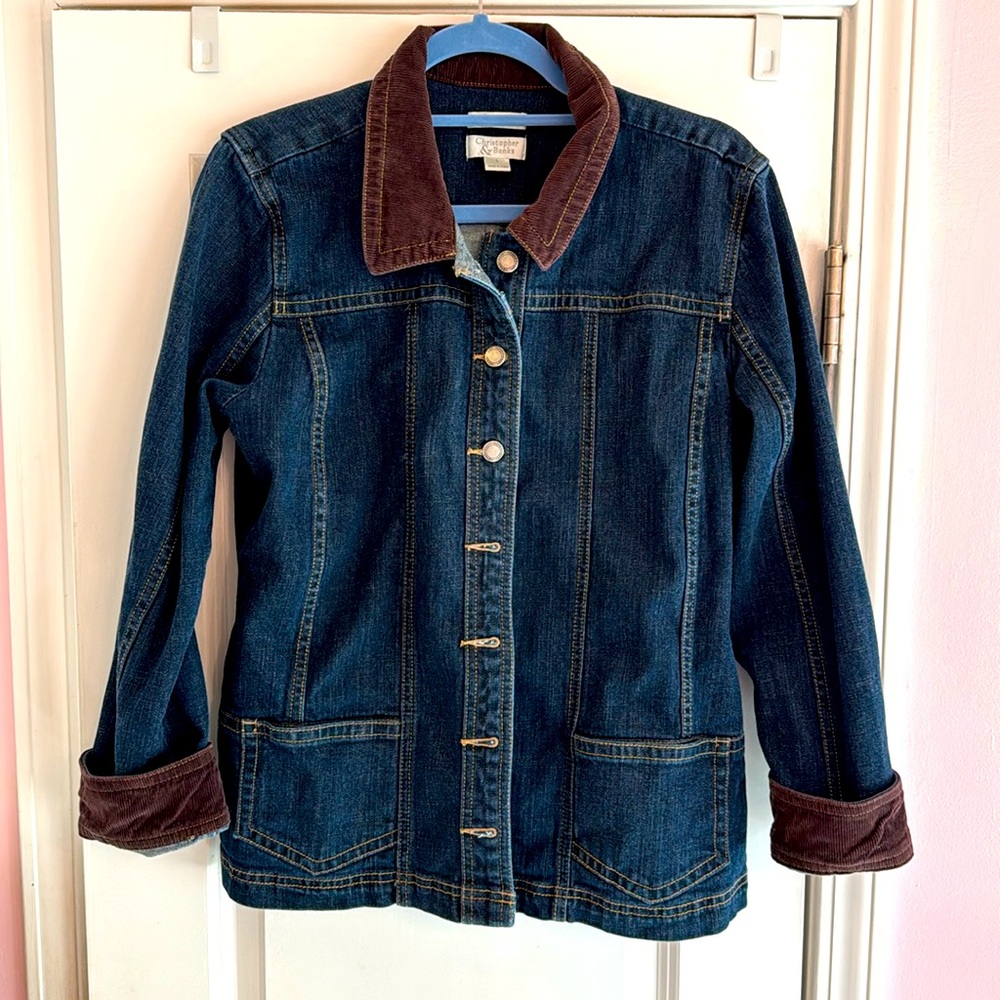 Christopher Banks women’s LG denim jacket brown corduroy collar & sleeve cuffs